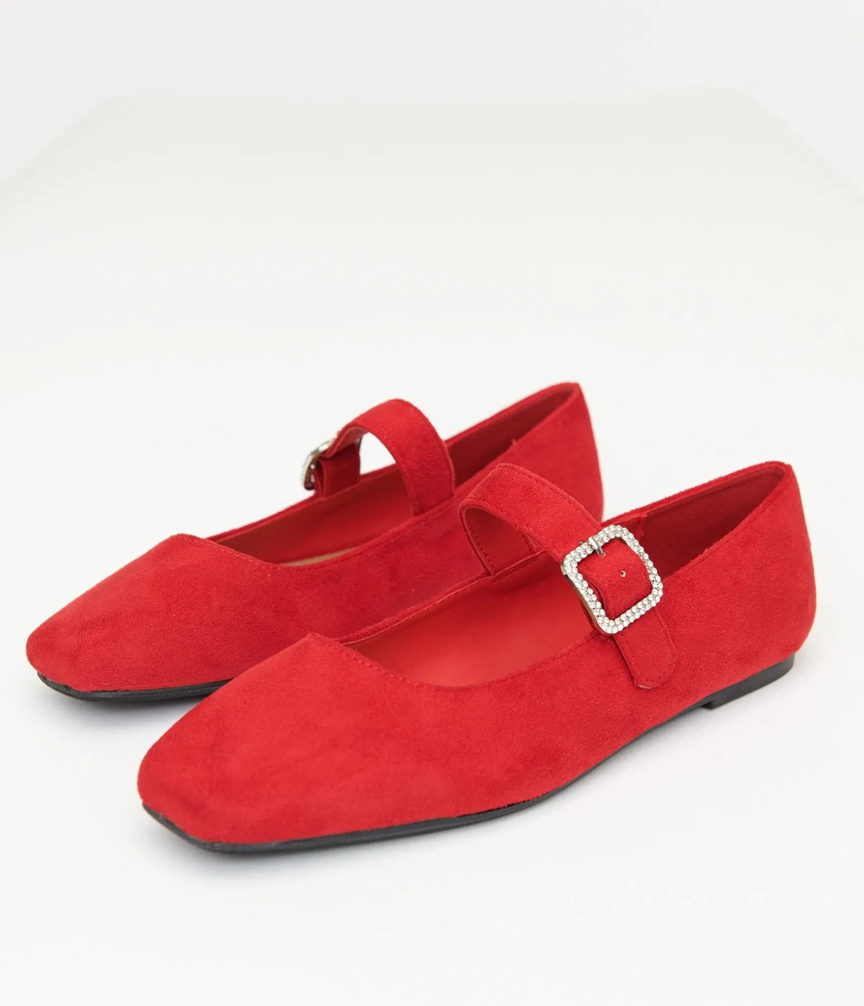 1960s Red Suede Rhinestone Buckle Mary Jane Flats