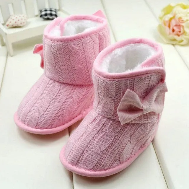 Baby Girl Knit Bowknot Faux Fleece Snow Boot Soft Sole Kids Wool Baby Shoes 3-18M