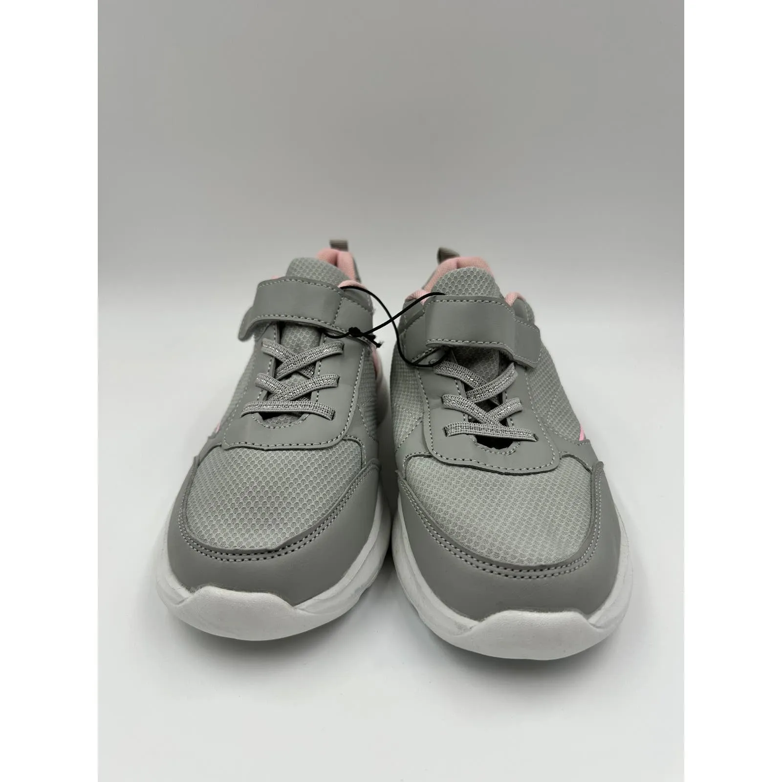 Big Kid Size 5, Gray Sneaker with Pink Trim, Sparkle in the Gray Elastic Laces