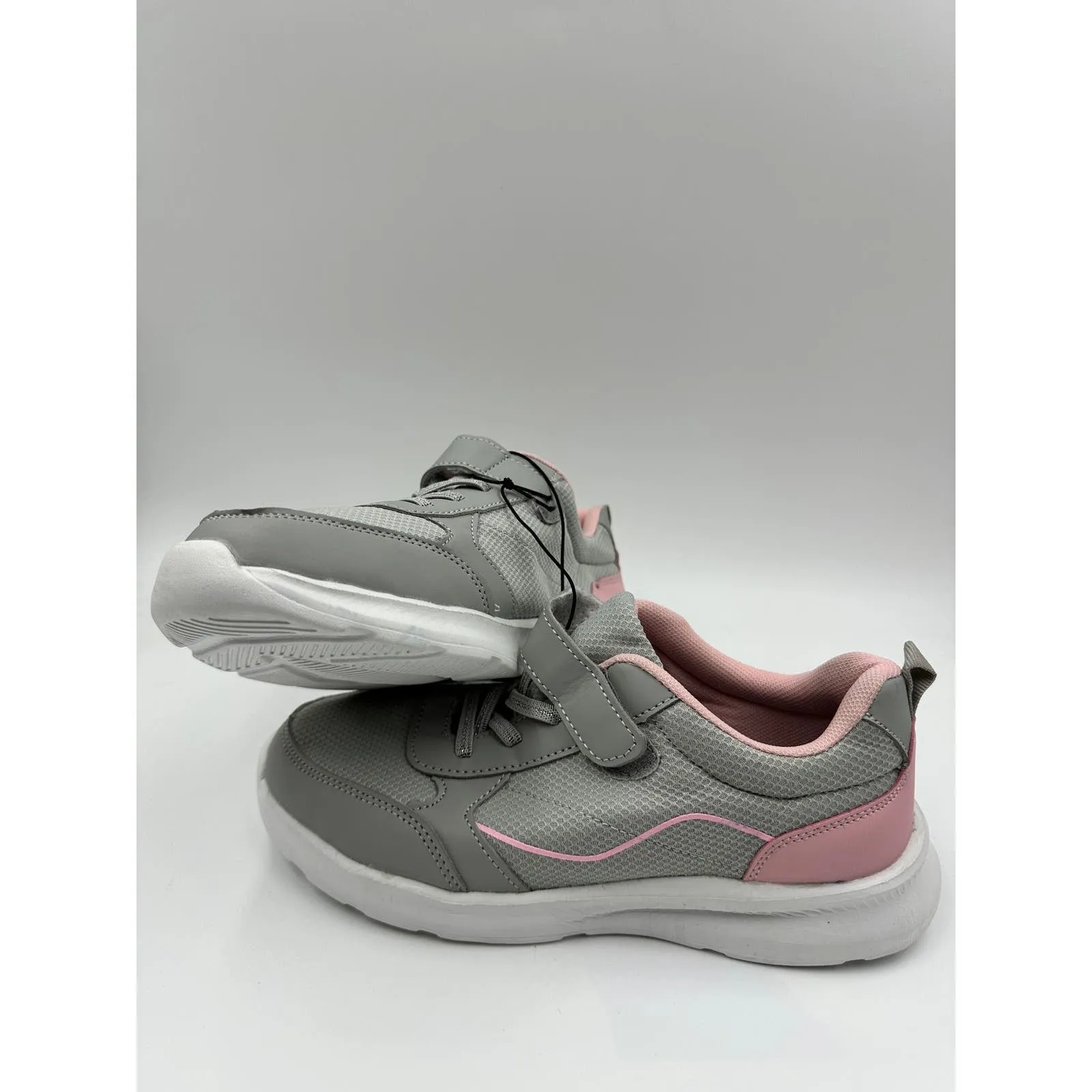 Big Kid Size 5, Gray Sneaker with Pink Trim, Sparkle in the Gray Elastic Laces