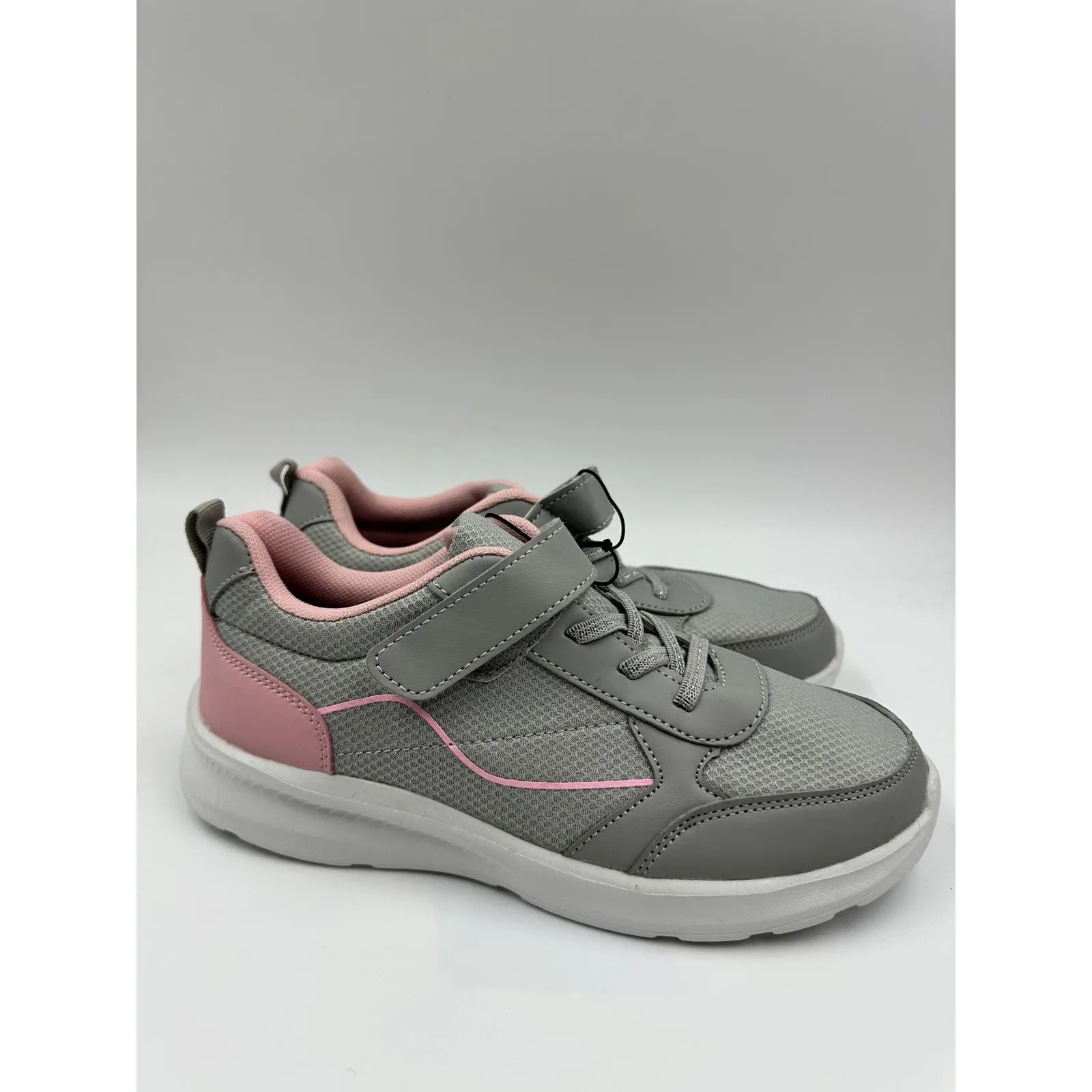 Big Kid Size 5, Gray Sneaker with Pink Trim, Sparkle in the Gray Elastic Laces