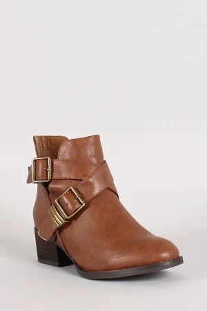 Breckelle Double Buckle Criss Cross Round Toe Cutout Booties