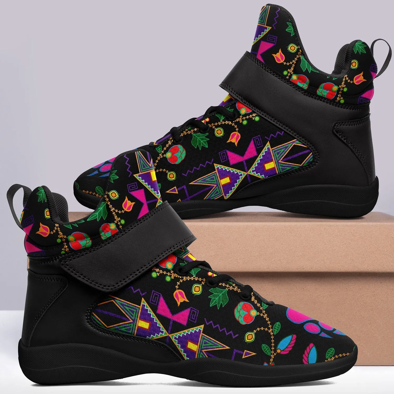 Geometric Floral Fall Black Kid's Ipottaa Basketball / Sport High Top Shoes