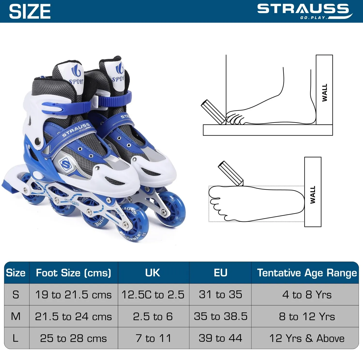 STRAUSS Vortex Adjustable Size Inline Skates | Skating Shoes for Boys & Girls | 4 Wheels |Beginner-Friendly Skating Shoe | Adjustable Roller Blades | Enhanced Stability and Support| Size M,(Blue)