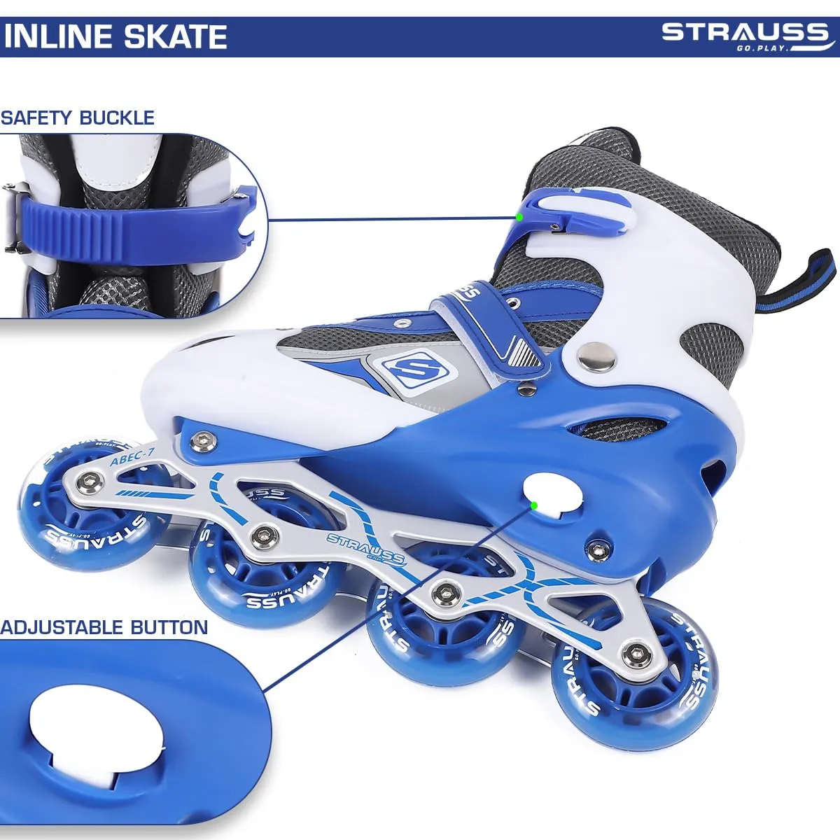 STRAUSS Vortex Adjustable Size Inline Skates | Skating Shoes for Boys & Girls | 4 Wheels |Beginner-Friendly Skating Shoe | Adjustable Roller Blades | Enhanced Stability and Support| Size M,(Blue)