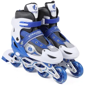 STRAUSS Vortex Adjustable Size Inline Skates | Skating Shoes for Boys & Girls | 4 Wheels |Beginner-Friendly Skating Shoe | Adjustable Roller Blades | Enhanced Stability and Support| Size M,(Blue)