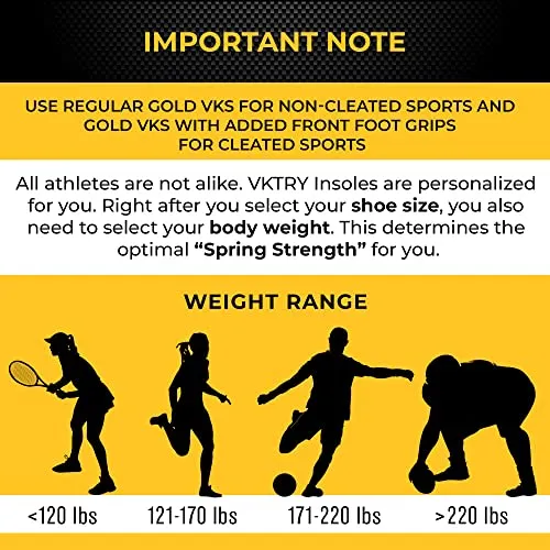 VKTRY Gold Performance Insoles–Customized Carbon Fiber Inserts, Non-Cleated Shoes–Basketball, Volleyball, Racquet Sports, Running & More–Run Faster, Jump Higher, Recover Quicker, Protect from Injury